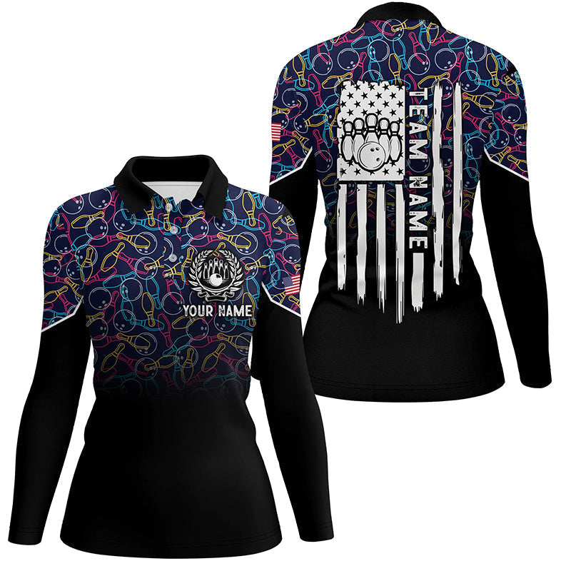 Black bowling camo Women bowling polo shirt Custom American flag patriotic bowling team league jerseys NQS6759