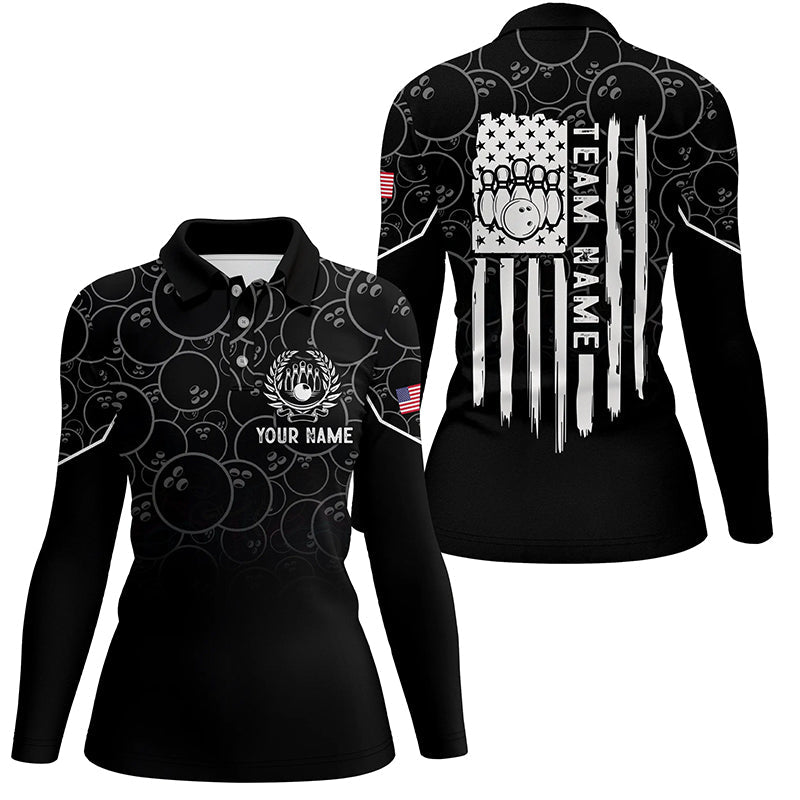 Black bowling camo Women bowling polo shirt Custom American flag patriotic bowling team league jerseys NQS6760