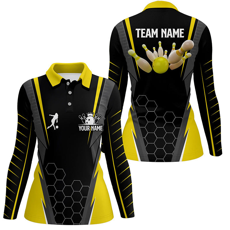 Black Women's Polo Bowling Shirt Custom Name Ladies Bowlers Jersey, team bowling outfits | Yellow NQS6504