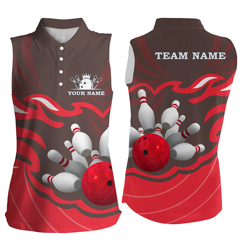 Women sleeveless polo shirts Custom bowling ball pins team league jersey, personalized gifts | Red NQS6301