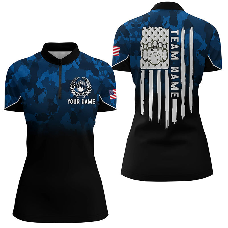Black blue camo Womens bowling Quarter Zip shirt Custom American flag patriotic bowling team jerseys NQS6523