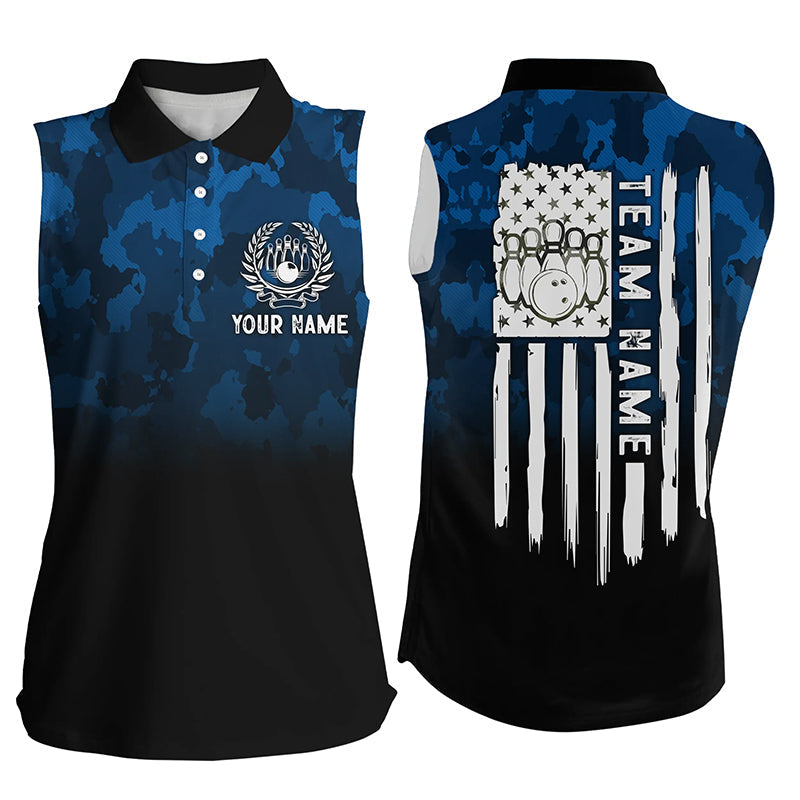 Black blue camo Women sleeveless polo shirts Custom American flag patriotic bowling team jerseys NQS6523