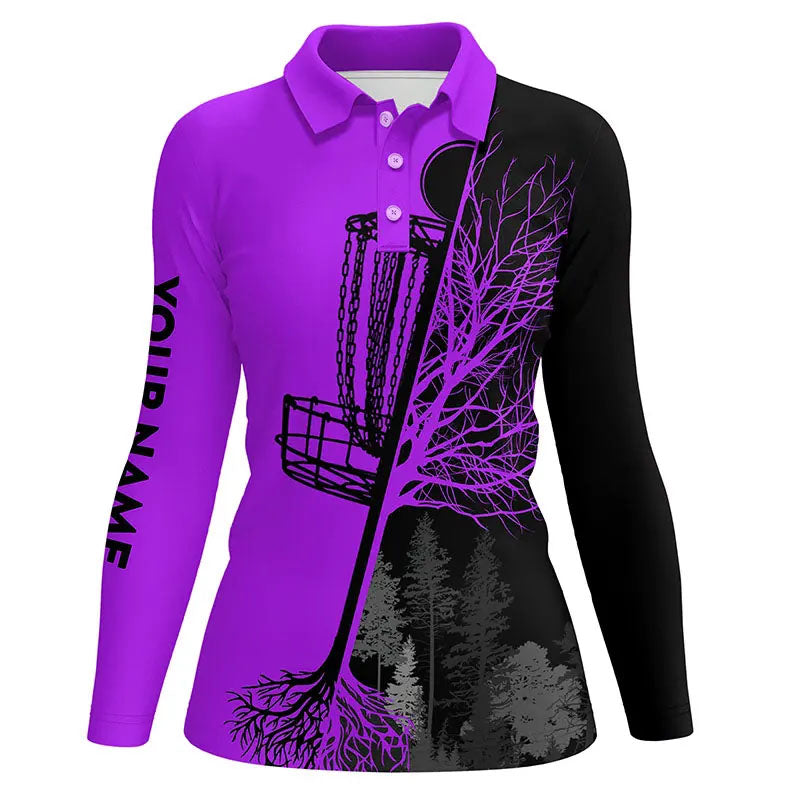 Womens disc golf polo shirts custom black and purple disc golf basket, disc golf shirts NQS6986