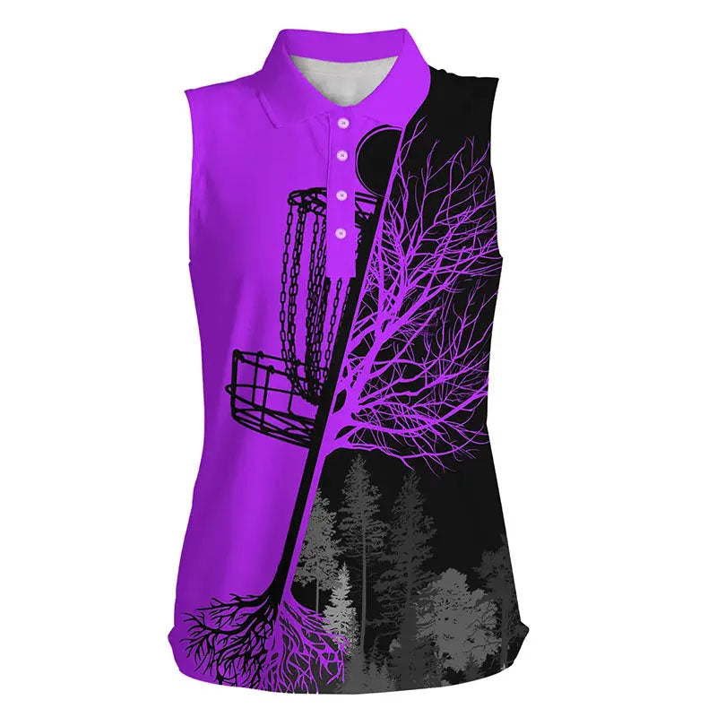 Womens sleeveless disc golf polo shirts black and purple disc golf basket, disc golf shirts NQS6986