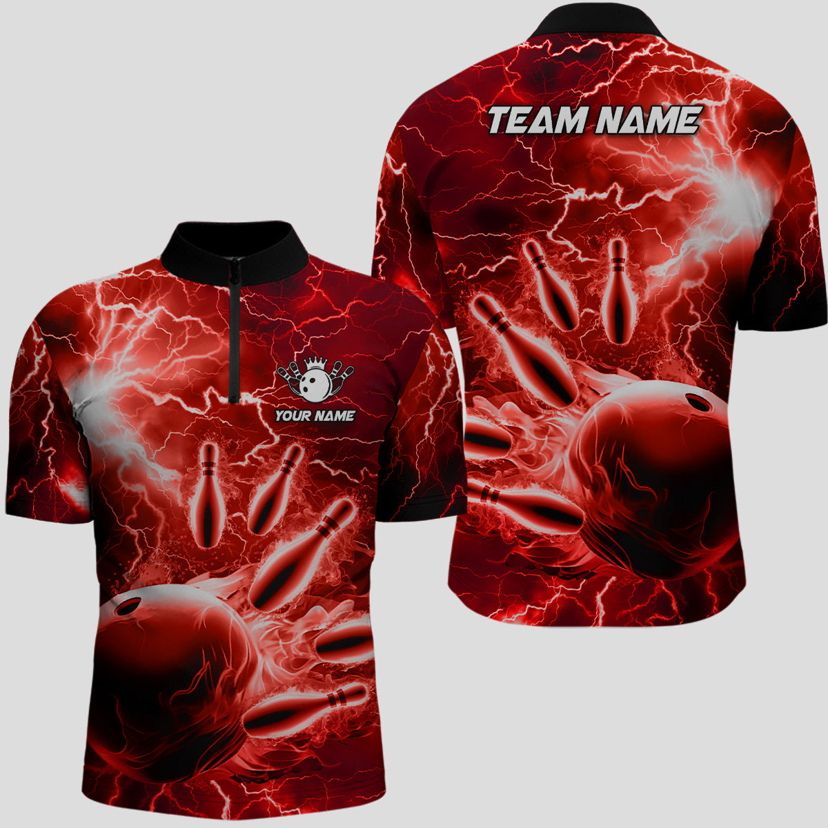 Men's bowling Quarter Zip shirts Custom red lightning thunder Bowling Team Jersey, gift for Bowlers NQS7144