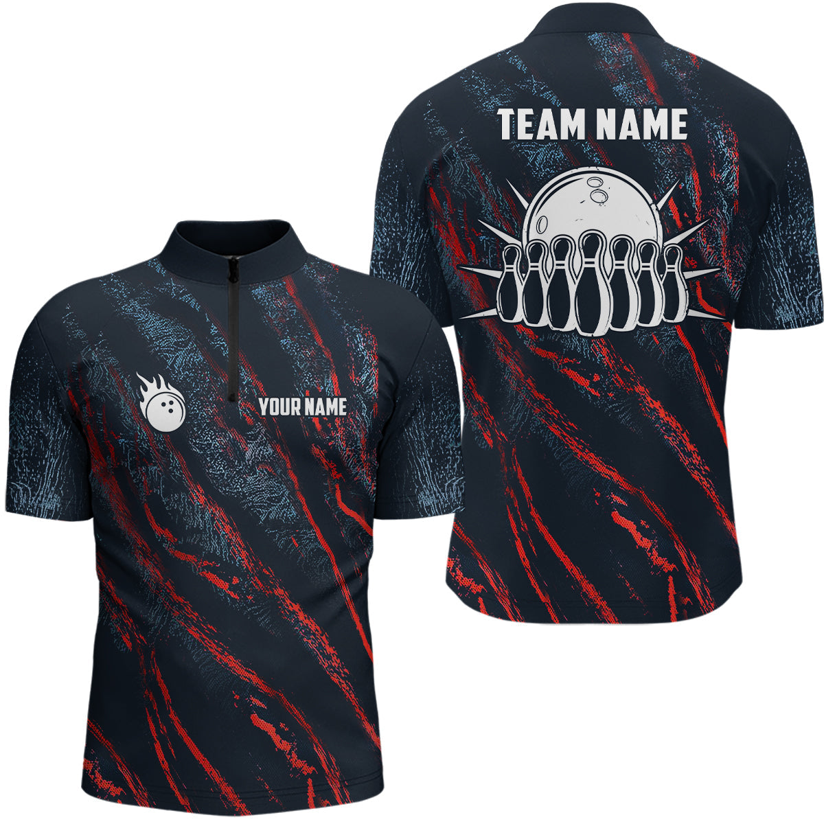 Blue and red camo bowling ball and pins jerseys Custom Team League Bowling Quarter Zip Shirts For Men NQS6554