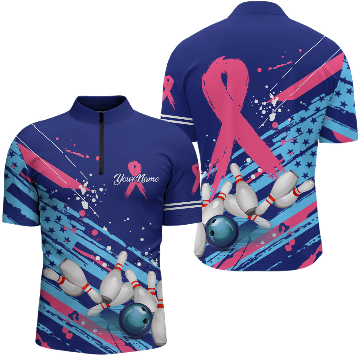 Men's bowling Quarter Zip shirts Custom blue American flag Pink Ribbon bowling Breast Cancer Awareness NQS6339