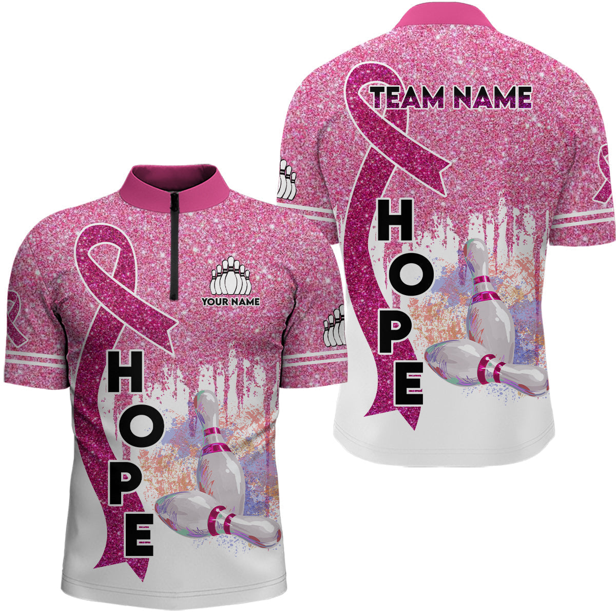 Pink glitter ribbon breast cancer awareness bowling jerseys Custom Team Quarter Zip Shirts For Men NQS6555