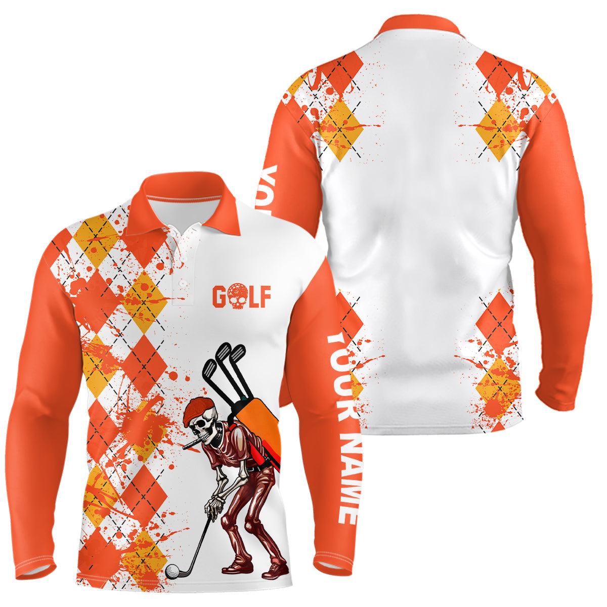 Men golf polo shirts argyle pattern custom skull golf outfit men, golf attire for mens | Orange NQS6561