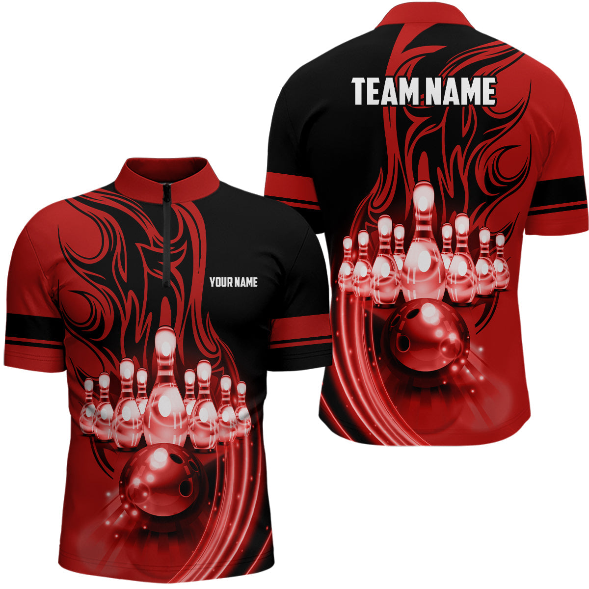 Bowling ball and pins Red light Custom Team League Bowling jerseys Quarter Zip Shirts For Men NQS6579