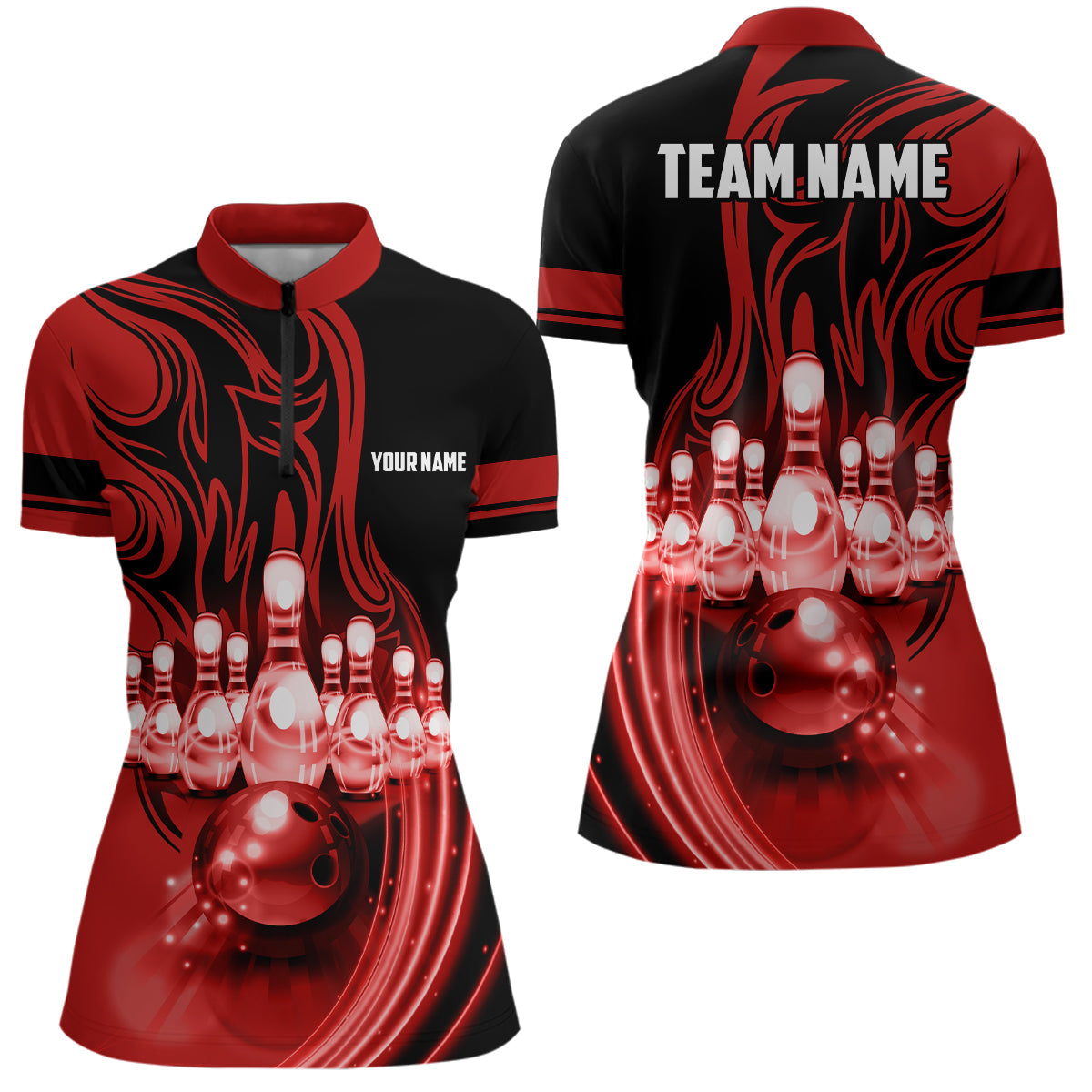Bowling ball and pins Red light Custom Team League Bowling jerseys Quarter Zip Shirts For Women NQS6579