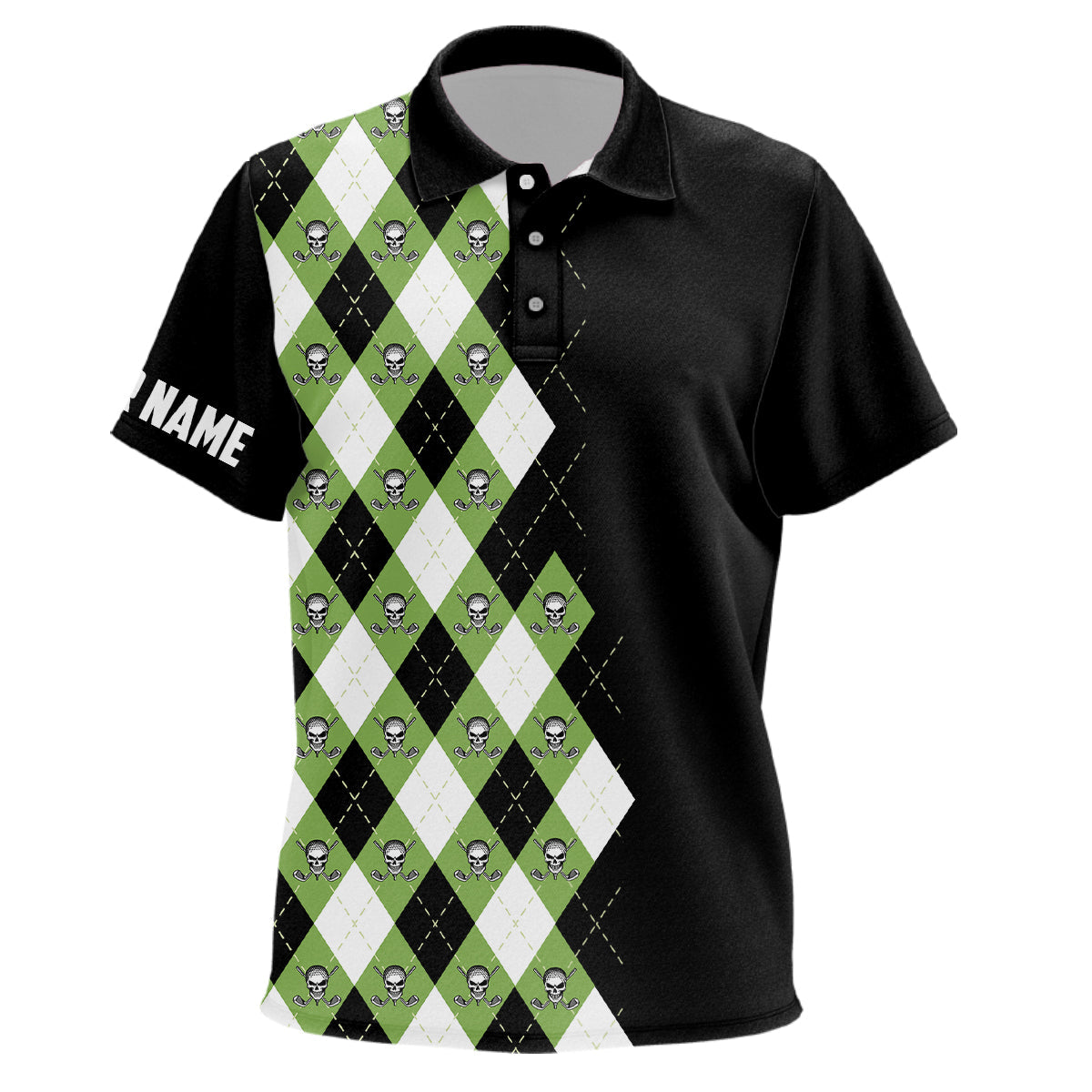 Green argyle plaid skull pattern custom black Kid golf polo shirt, golf tops for Kid NQS6844