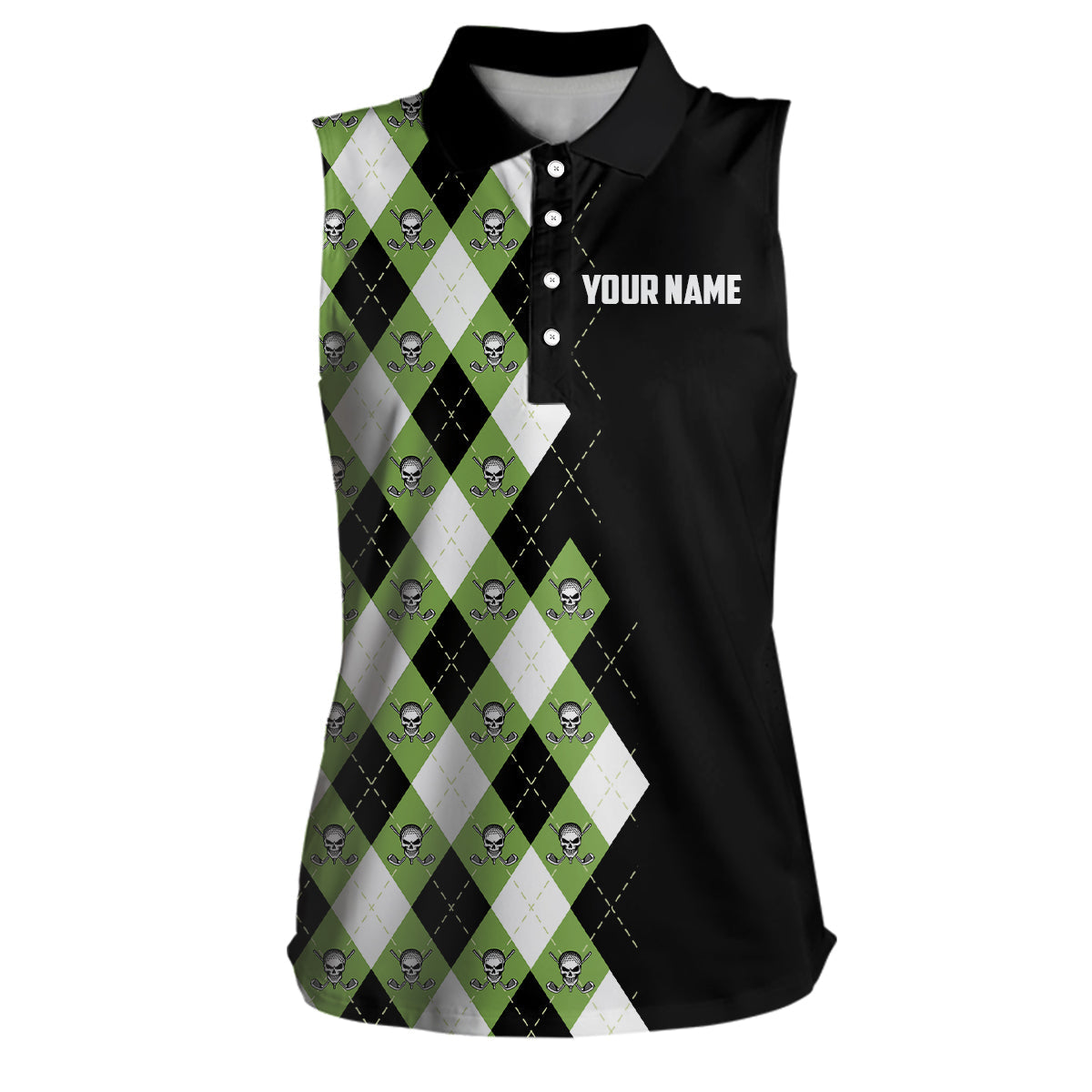 Green argyle plaid skull pattern custom black Womens sleeveless polo shirt, golf tops for ladies NQS6844