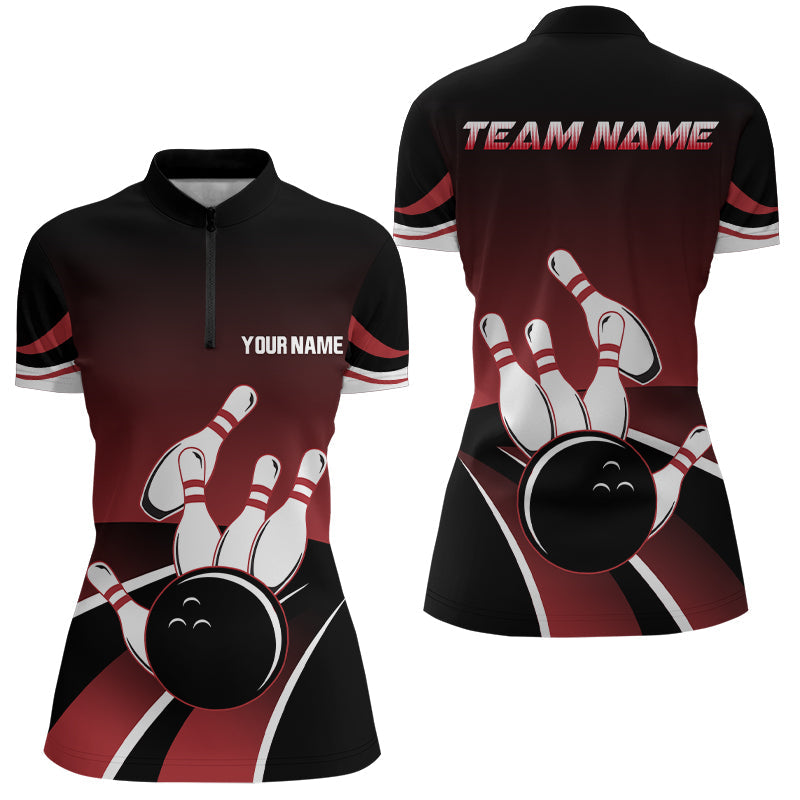 Red and black Womens Quarter Zip shirts Custom Bowling ball pins Team Jersey, gift for team Bowlers NQS6148