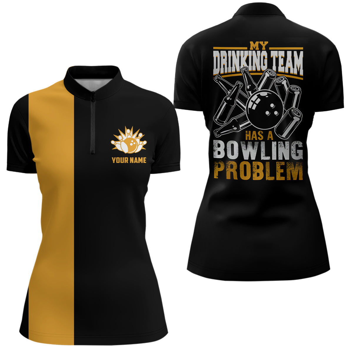 Black yellow retro Bowling Quarter Zip shirt for women Custom My drinking team has a bowling problem NQS6694