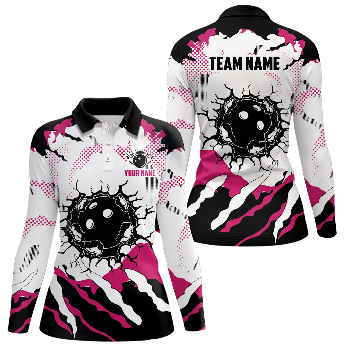 Personalized pink and white camo womens bowling polo shirts, custom team ladies bowling shirts NQS6713