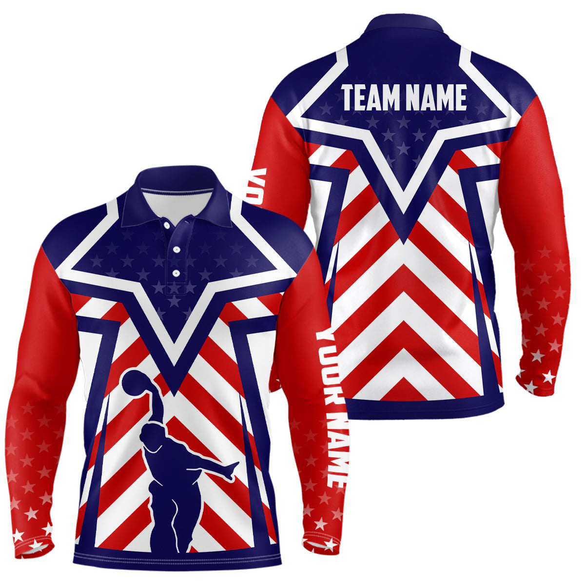 Red, white and blue American flag Bowling Polo Shirts For Men Custom bowling Team League Jerseys NQS6735