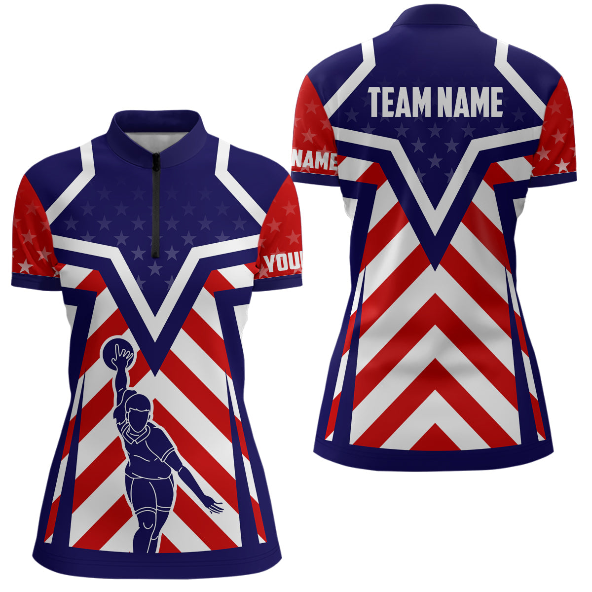 Red, white, blue American flag Bowling Quarter Zip Shirt For Women Custom bowling Team League Jerseys NQS6735