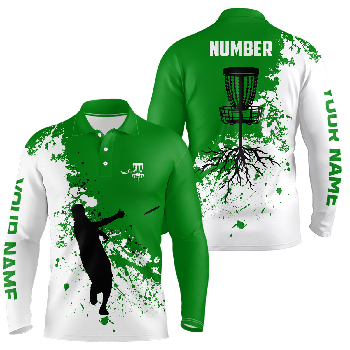 Green and white Mens disc golf polo shirt custom name and number disc golf jerseys, golf outfit men NQS7112