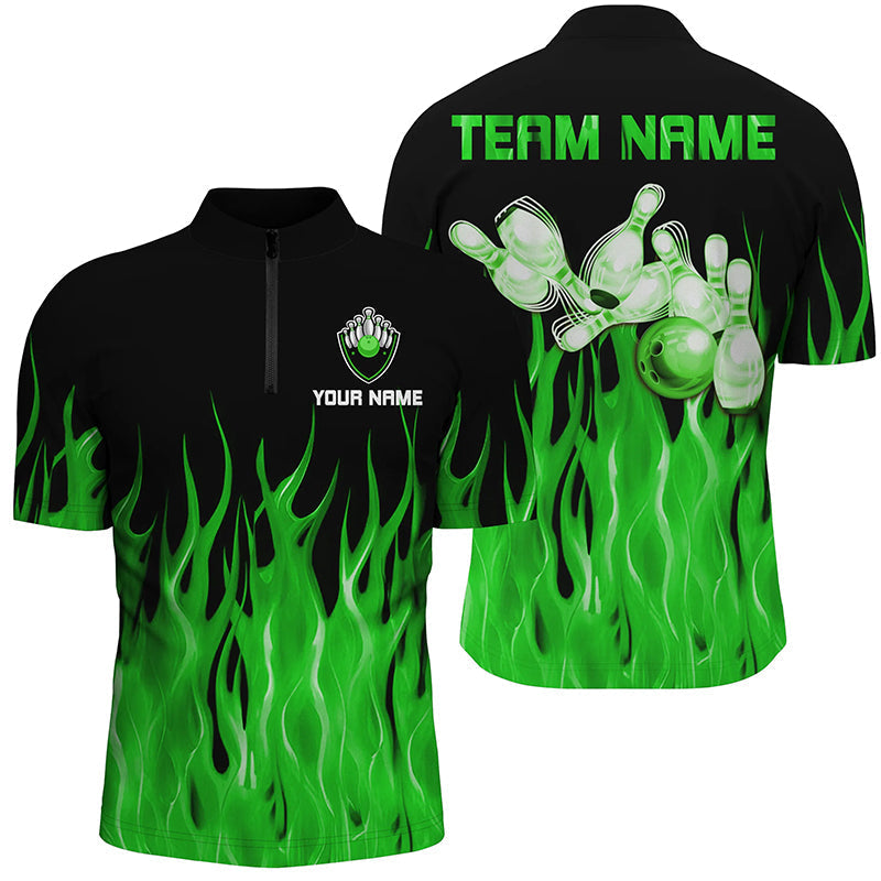 Personalized Men Quarter Zip Bowling Shirt Green Flame Bowling Ball Pins bowling jerseys for Bowler NQS7303