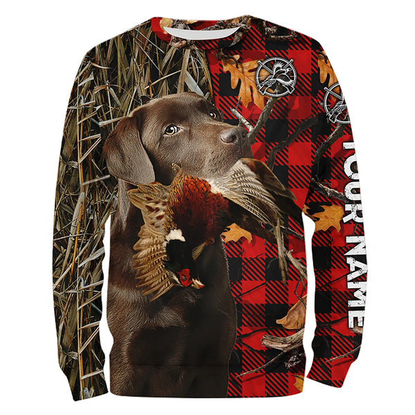 Chocolate Labrador Pheasant Hunting Dog Red Plaid Camo Custom Name Shirt, Christmas Gifts for Hunters FSD4239