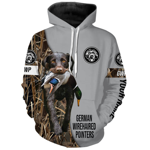 German Wirehaired Pointer Duck Hunting with Dog Custom Name Waterfowl Camo Shirts for Duck Hunter FSD4488