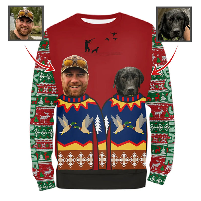 Funny Custom Ugly Christmas Sweatshirt for Duck Hunter – Hunter & Dog’s Face and Name FSD4759