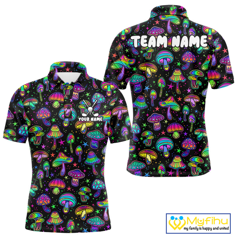 Funny Neon Mushroom Pattern Mens Golf Polo Shirt – Custom Name, Team Name For Golfer NHT889