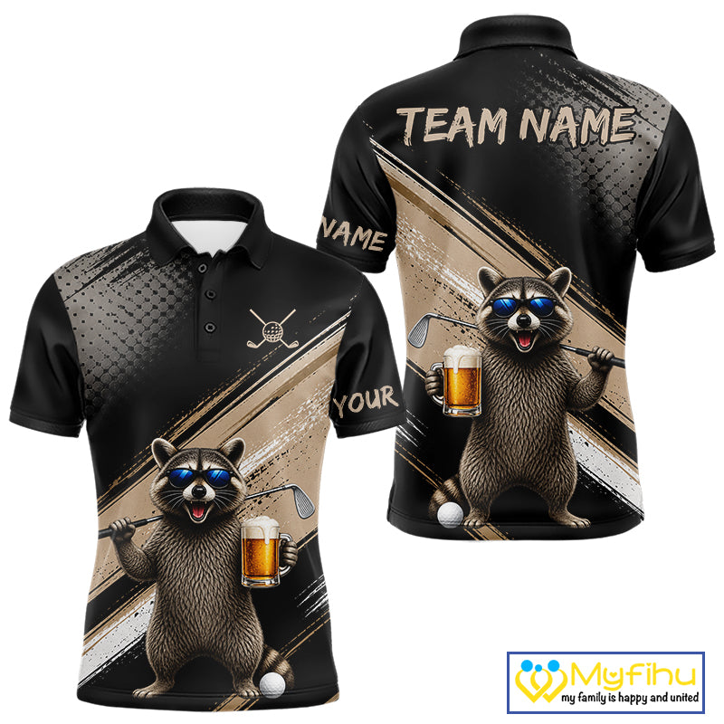 Funny Raccoon Golf Polo Shirt Custom Name Golf Beer Polo Gift For Men Black Beige Golf Jersey NHT891