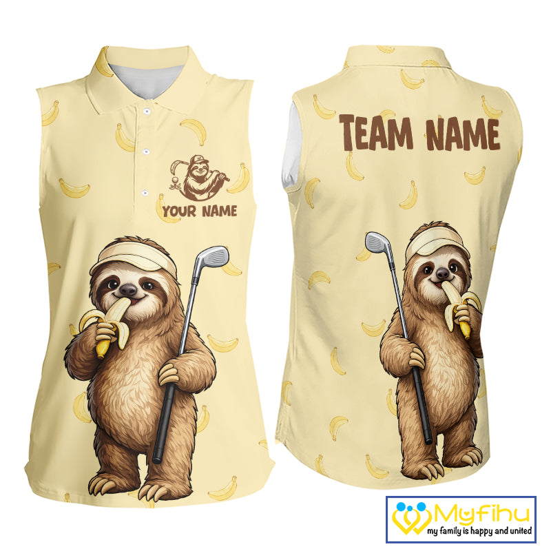 Funny Sloth Banana Womens Sleeveless Golf Polo Shirt Custom Golf Jerseys, Golf Apparel Gift For Golf Lovers NHT907