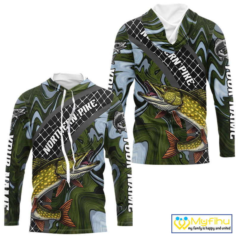 Northern Pike Hooded Fishing Shirt Long Sleeve Abstract Green Camo Performance Jersey For Men NHT925