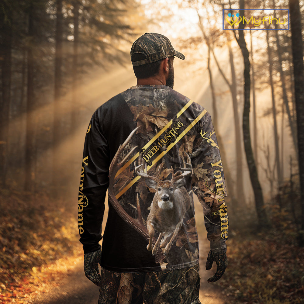 Brown Forest Camo Deer Hunting Shirt – Running Buck Graphic, Personalized Name For Hunter NHT342
