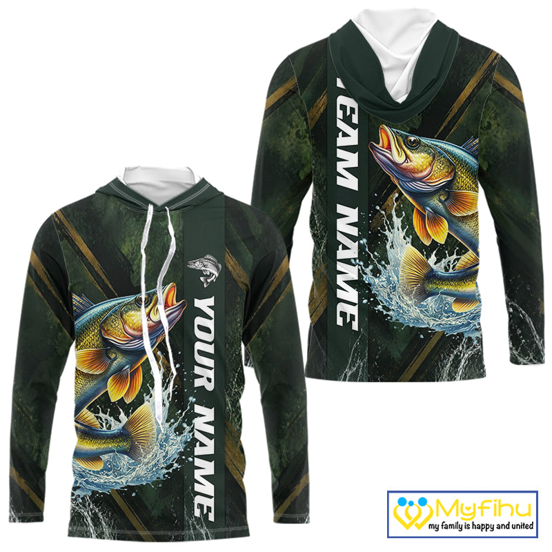 Personalized Hooded Walleye Fishing Jersey – Green Angler Shirt Custom Name, Fishing Gift For Men NHT876