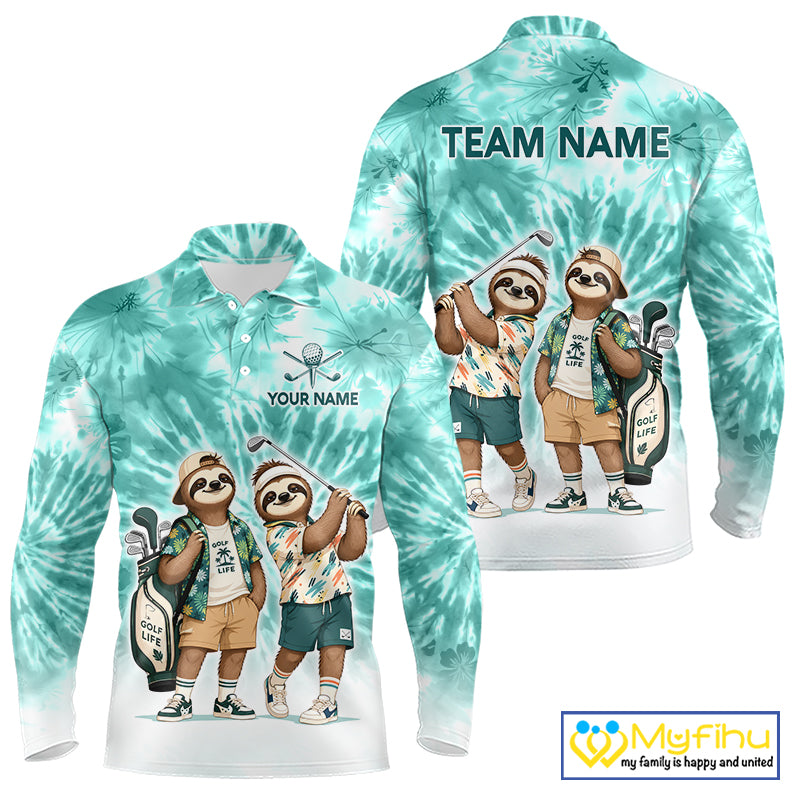Funny Sloth Golf Polo Shirt For Men – Blue Tie Dye Custom Name Golf Shirt, Golf Gift NHT880