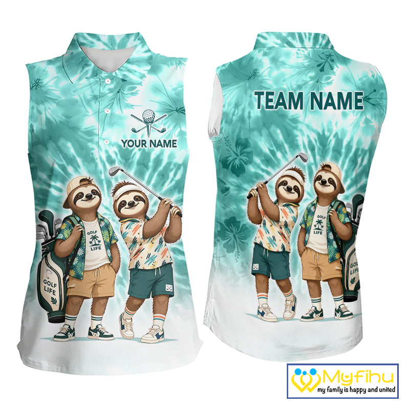 Funny Sloth Sleeveless Womens Golf Polo Shirt – Blue Tie Dye Custom Name Golf Shirt, Golf Gift NHT880