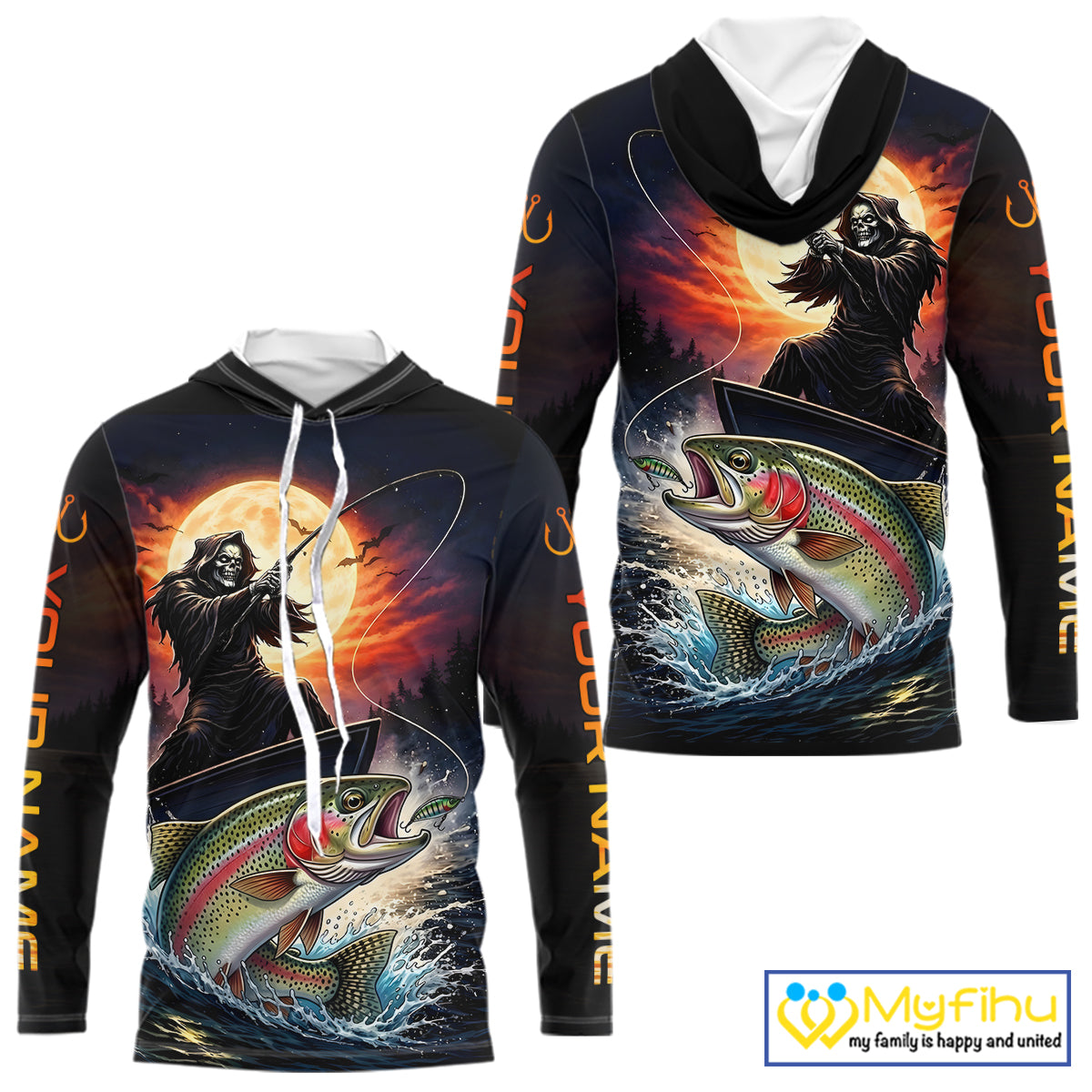 Personalized Fish Reaper Fishing Jerseys, Fish Reaper Sunset Rainbow Trout Fishing Shirts Long Sleeve Hooded NHT832