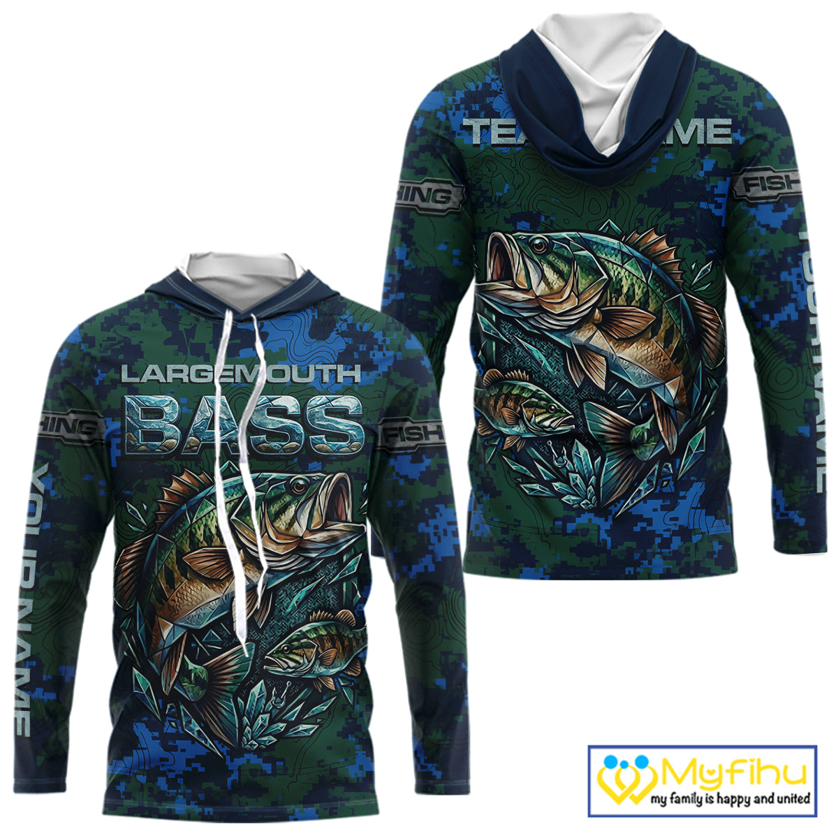 Green Camo Bass Fishing Shirt Long Sleeve Hooded, Bass Fishing Jersey, Performance Fishing Apparel NHT877