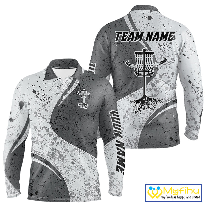 Mens Disc Golf Polo Shirt Gray Camo Disc Golf Basket, Personalized Disc Golf Shirts NHT896