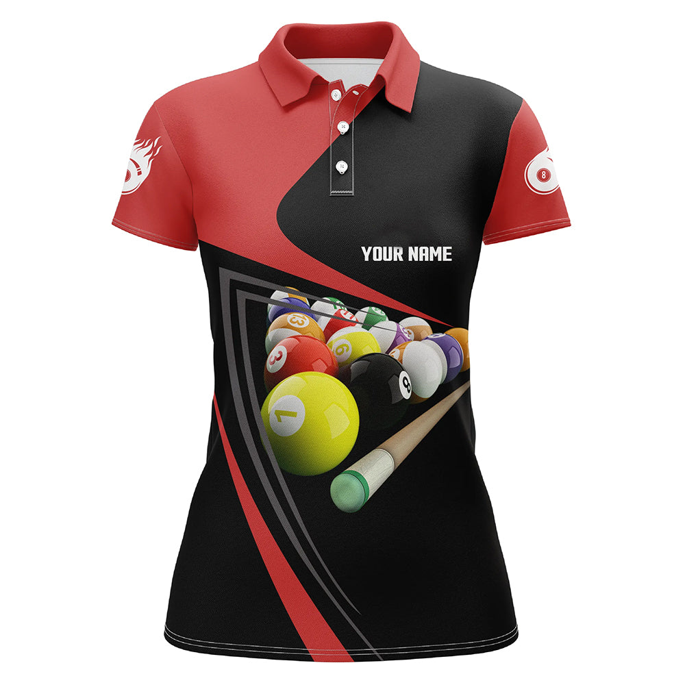 Personalized Red Black Billiard Balls 3D Polo Shirts For Women, Custom Fire 8 Ball Billiard Jerseys VHM0141