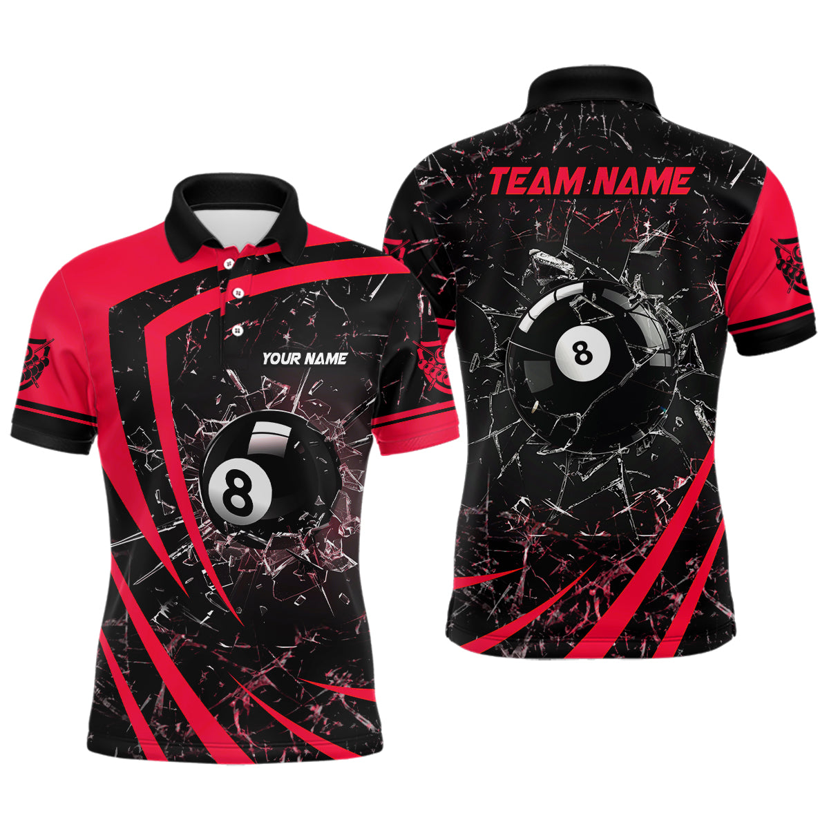 Personalized Red Glass Break 8 Ball Billiard 3D Polo Shirts For Men, Custom 8 Ball Pool Jerseys VHM1153