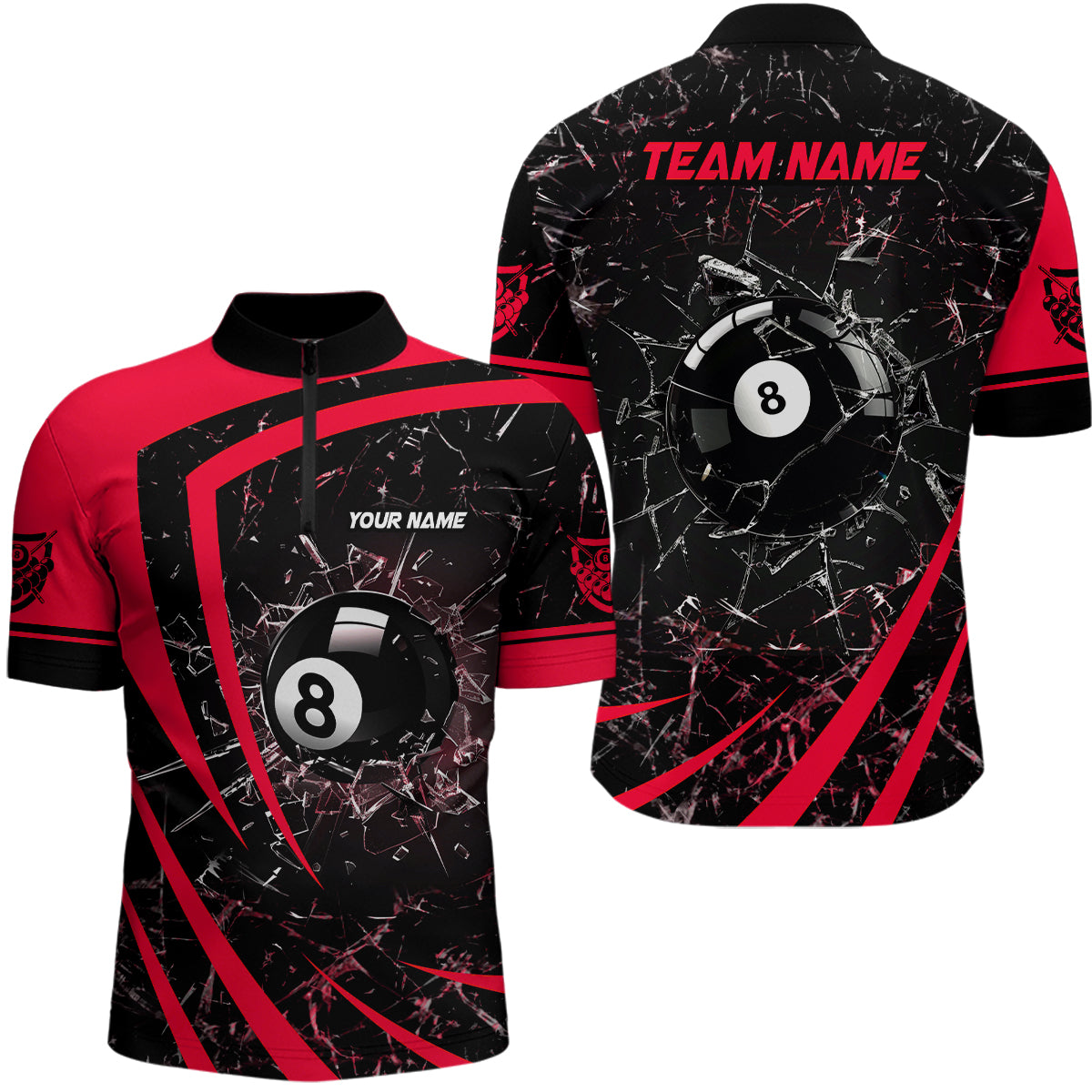 Personalized Red Glass Break 8 Ball Billiard Quarter Zip Shirts For Men Custom 8 Ball Pool Jerseys VHM1153