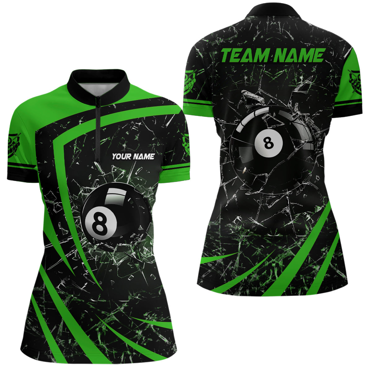 Personalized Green Glass Break 8 Ball Billiard Quarter Zip Shirt For Women Custom 8 Ball Pool Jerseys VHM1154
