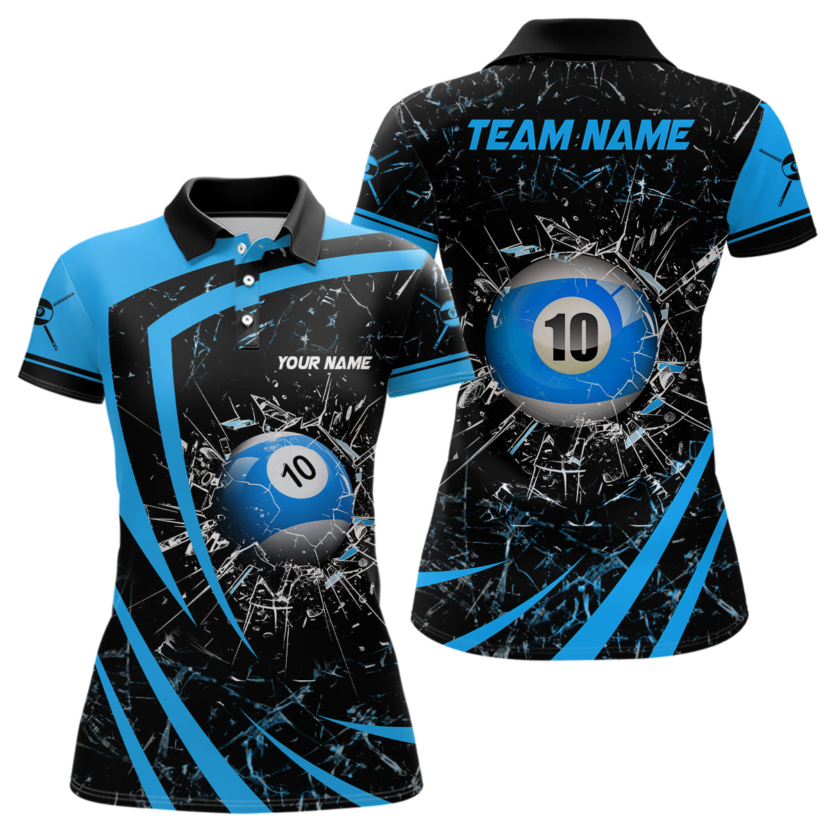 Personalized Blue Glass Break 10 Ball Billiard 3D Polo Shirts For Women, Custom 10 Ball Pool Jerseys VHM1169