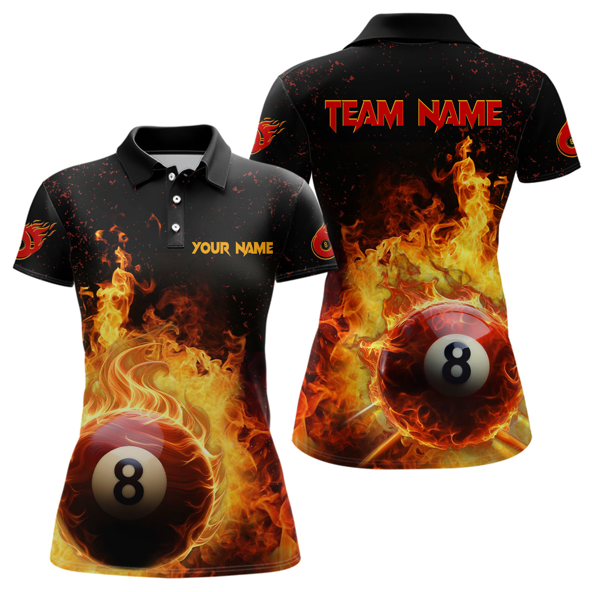 Personalized Fire 8 Ball Pool Black Billiard 3D Polo Shirts For Women, Custom Billiard Team Shirts VHM0504