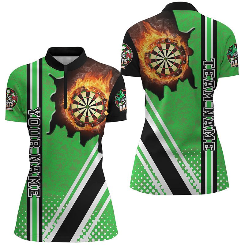 Black Green Darts Board Fire Flame Women Darts Quarter Zip Shirts Cust Myfihu 6724