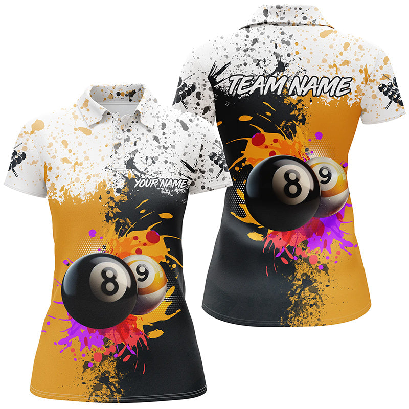 Personalized Billiard 8 Ball & 9 Ball Grunge Style Custom Women Polo Shirts, Billiard Attire Jerseys TDM1015