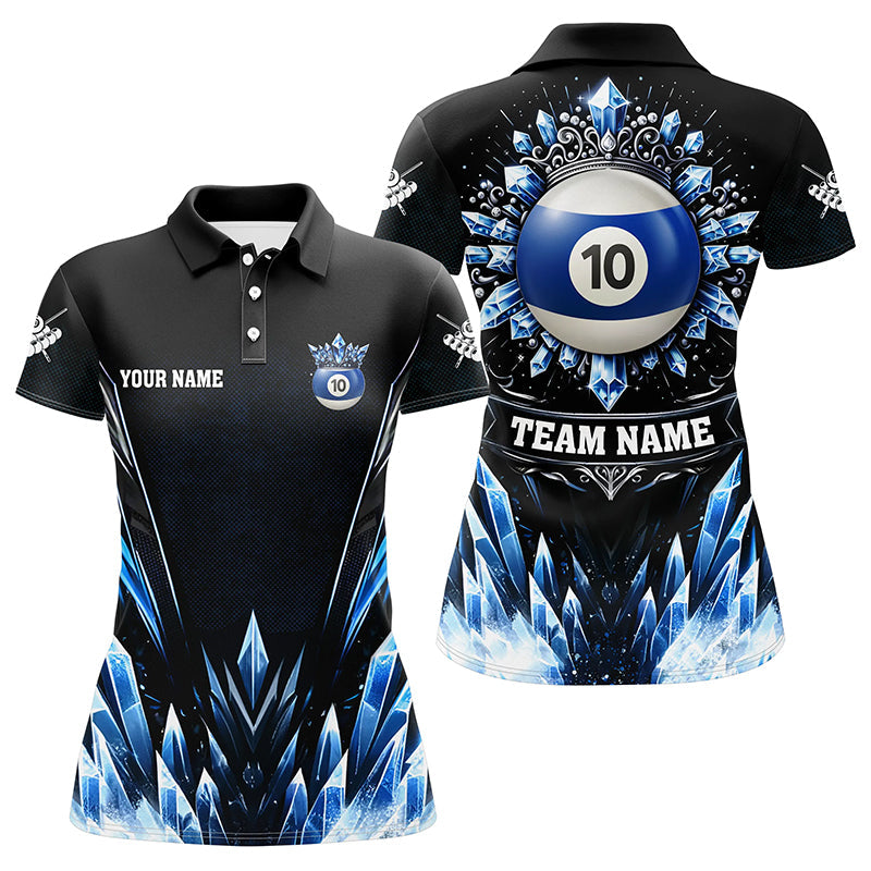 Personalized 3D Blue Icy Funny 10 Ball Pool Crown Women Billiard Polo Shirts Custom Billiard Jerseys TDM1395