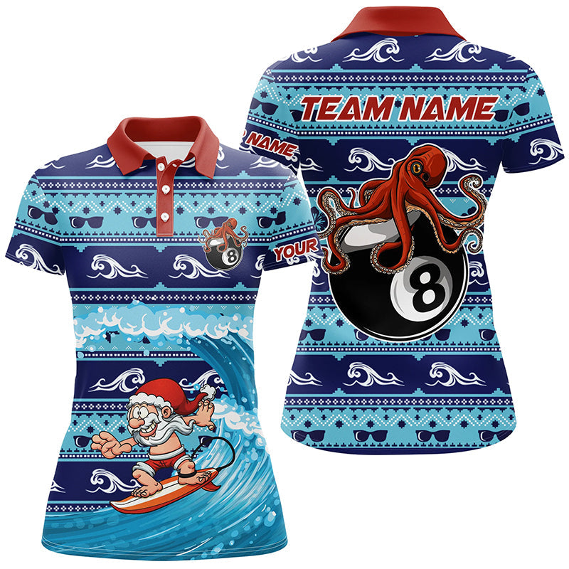 Funny Christmas Santa Surfing Swell Billiard Women Polo Shirts Custom Billiard Merry Christmas Shirts TDM0537