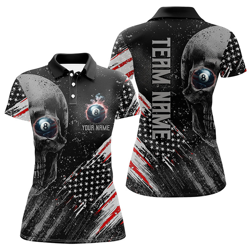 Personalized Billiard Skull 8 Ball Pool Smoke US Flag Women Polo Shirts, Patriotic Billiards Outfit TDM1208