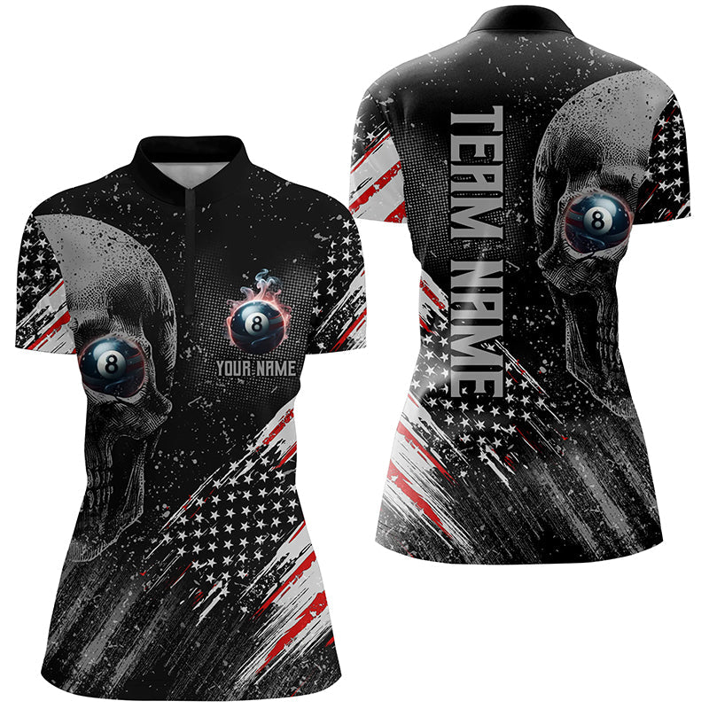 Personalized Billiard Skull 8 Ball Pool Smoke US Flag Women Quarter-Zip Shirts Billiards Outfit TDM1208